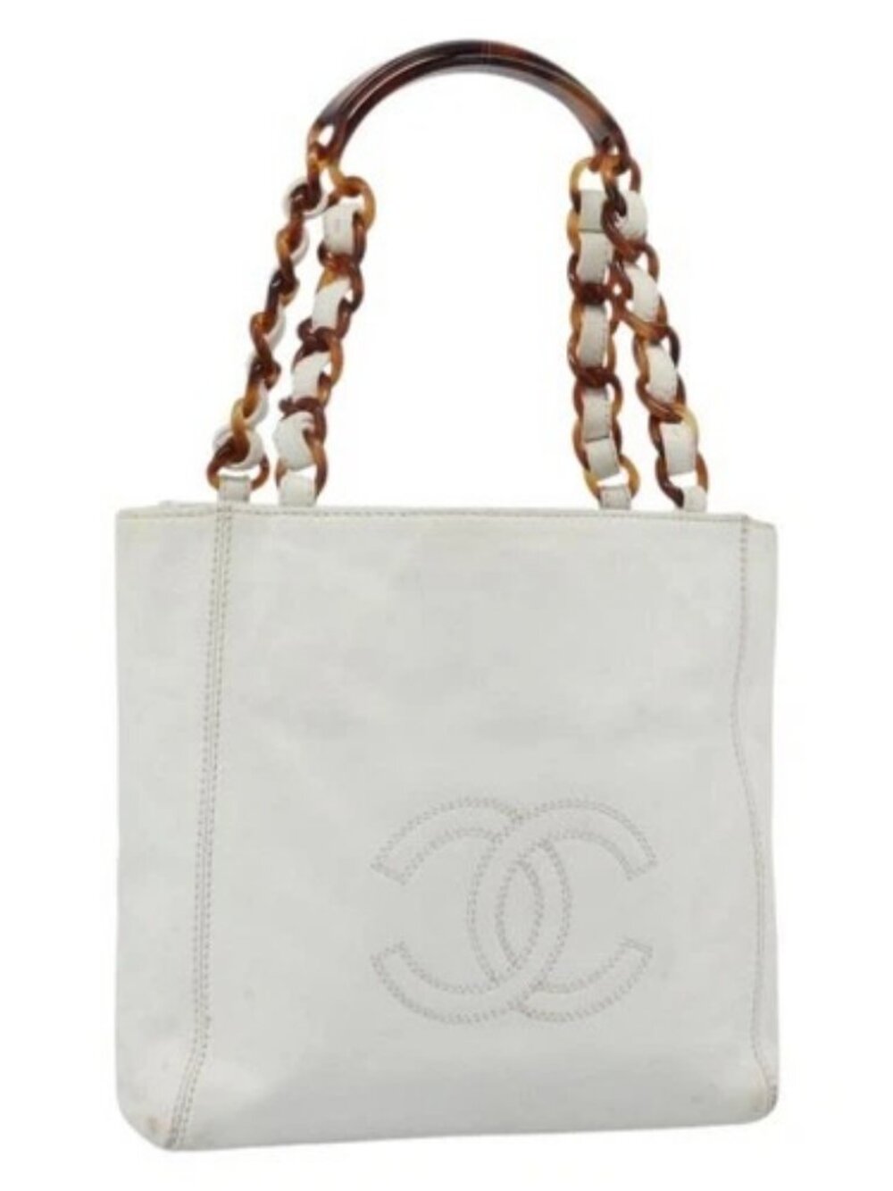 CHANEL Chain Hand Bag Leather White CC Auth 188392A